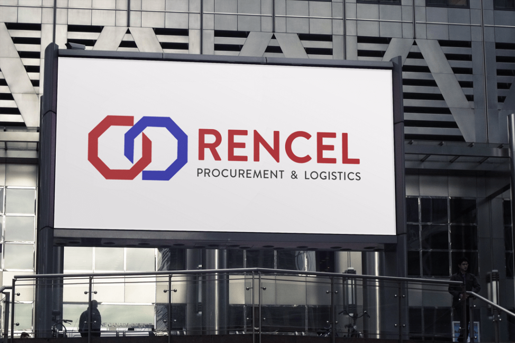 Huge billboard displaying Rencel's logo in front of large building